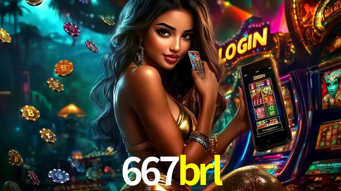 Mulher em um cenário de cassino temático de aventura, mostrando o app de caça-níqueis da 667brl no celular. Fichas de apostas flutuam ao redor.