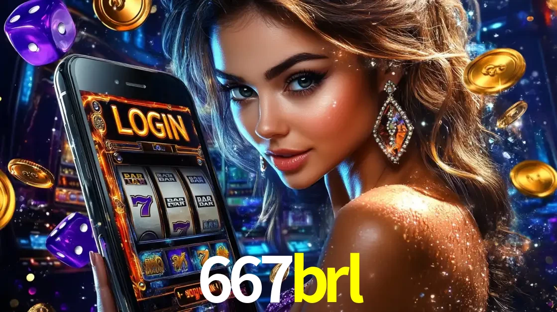 Mulher glamorosa segurando um smartphone com a tela de login para os jogos de caça-níqueis do cassino online 667brl, com moedas de ouro e dados ao redor.