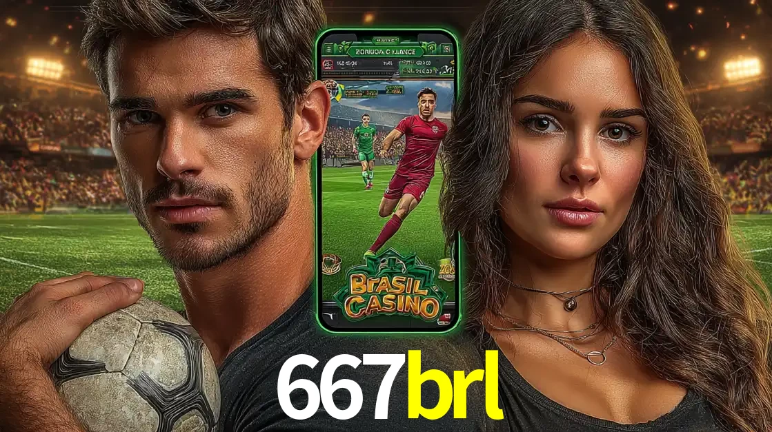 Homem segurando uma bola de futebol e uma mulher ao lado de um smartphone exibindo o jogo de apostas esportivas da 667brl. Faça seu palpite no cassino online.